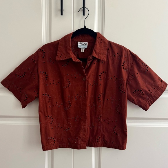 Burnt Orange Eyelet Cut Out Button Up - Picture 1 of 3